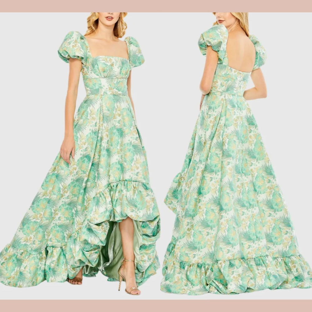 NWT MAC DUGGAL [ 10 ] 68276 Floral Print Puff Sleeve High Low Brocade Gown S1964